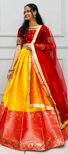 Red and Maroon, Yellow color Lehenga in Silk fabric with Weaving, Zari work