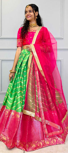 Green, Pink and Majenta color Lehenga in Silk fabric with Weaving, Zari work
