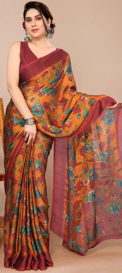 Orange color Saree in Chiffon fabric with Floral, Printed work