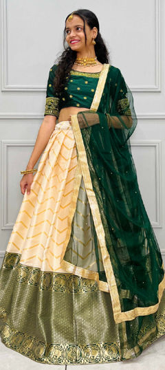 Beige and Brown, Green color Lehenga in Silk fabric with Weaving, Zari work