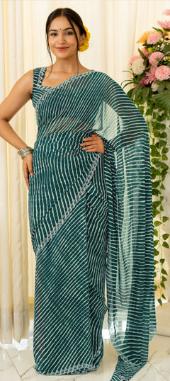 Blue color Saree in Georgette fabric with Lehariya, Printed work