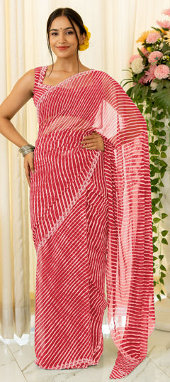 Red and Maroon color Saree in Georgette fabric with Lehariya, Printed work