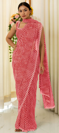 Red and Maroon color Saree in Georgette fabric with Lehariya, Printed work