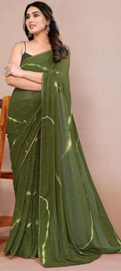 Green color Saree in Chiffon fabric with Printed, Tye n Dye work