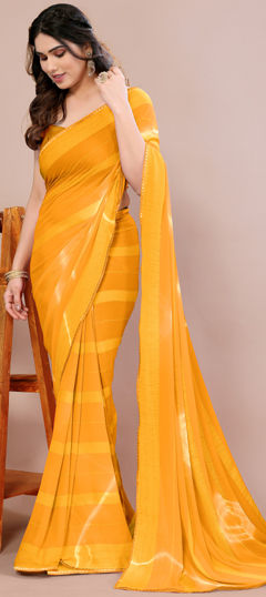 Yellow color Saree in Chiffon fabric with Printed, Tye n Dye work