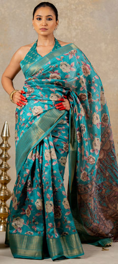 Blue color Saree in Art Silk, Silk fabric with Floral, Printed, Weaving work