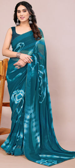 Blue color Saree in Chiffon fabric with Printed, Tye n Dye work