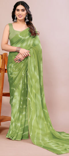 Green color Saree in Chiffon fabric with Printed, Tye n Dye work
