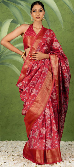 Red and Maroon color Saree in Art Silk, Silk fabric with Floral, Printed, Weaving work