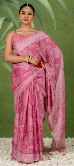 Pink and Majenta color Saree in Chiffon fabric with Floral, Lace, Printed work