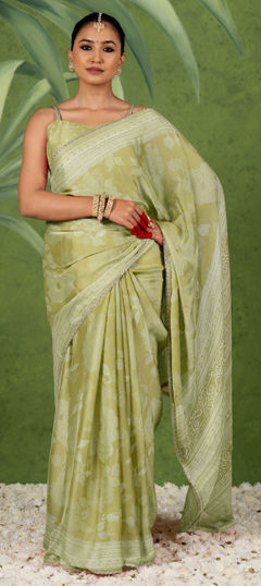 Green color Saree in Chiffon fabric with Floral, Lace, Printed work
