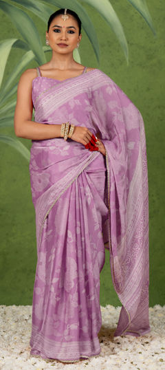 Purple and Violet color Saree in Chiffon fabric with Floral, Lace, Printed work