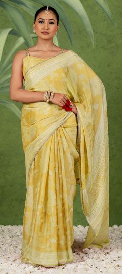 Yellow color Saree in Chiffon fabric with Floral, Lace, Printed work