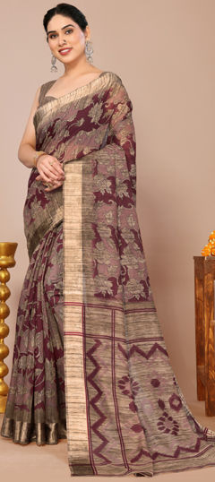 Red and Maroon color Saree in Blended Cotton fabric with Floral, Printed work