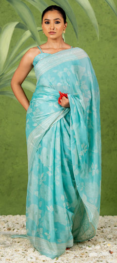 Blue color Saree in Chiffon fabric with Floral, Lace, Printed work