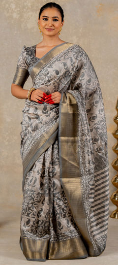 Black and Grey color Saree in Art Silk, Silk fabric with Printed, Weaving work