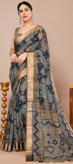 Blue color Saree in Blended Cotton fabric with Floral, Printed work