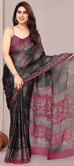 Black and Grey color Saree in Chiffon fabric with Floral, Printed work