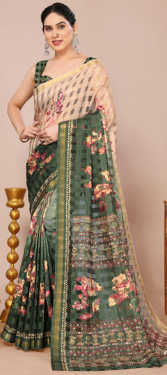 Green color Saree in Blended Cotton fabric with Floral, Printed work