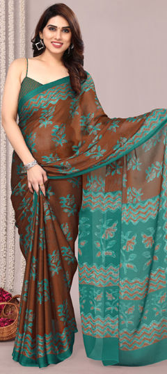 Beige and Brown color Saree in Chiffon fabric with Floral, Printed work