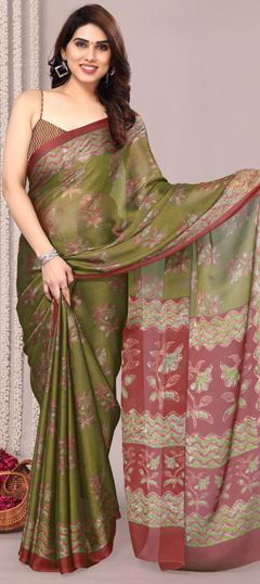Green color Saree in Chiffon fabric with Floral, Printed work
