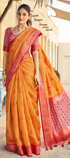 Orange color Saree in Raw Silk fabric with Weaving work