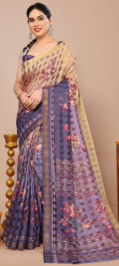 Purple and Violet color Saree in Blended Cotton fabric with Floral, Printed work