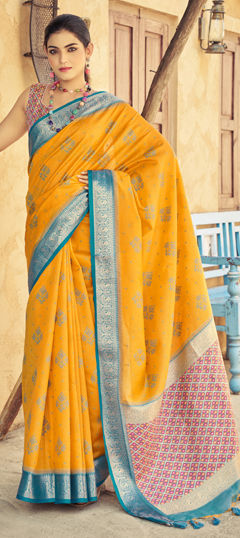 Yellow color Saree in Raw Silk fabric with Weaving work