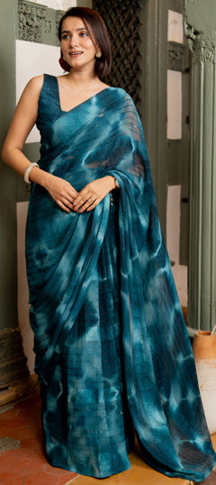 Blue color Saree in Georgette fabric with Printed, Tye n Dye work