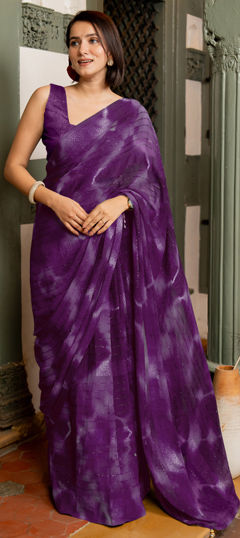 Purple and Violet color Saree in Georgette fabric with Printed, Tye n Dye work