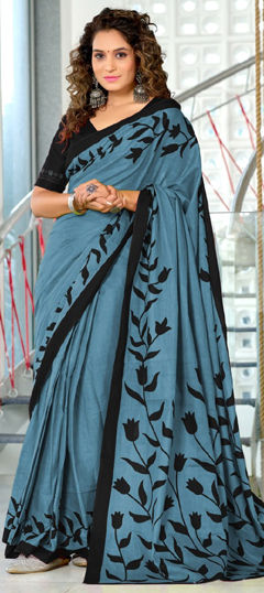 Blue color Saree in Cotton fabric with Printed work