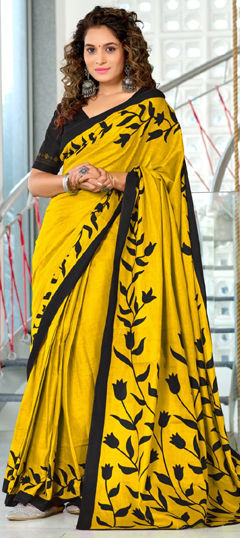 Yellow color Saree in Cotton fabric with Printed work