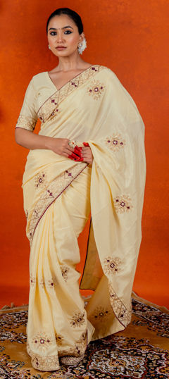 Yellow color Saree in Blended, Silk fabric with Embroidered, Stone, Thread work