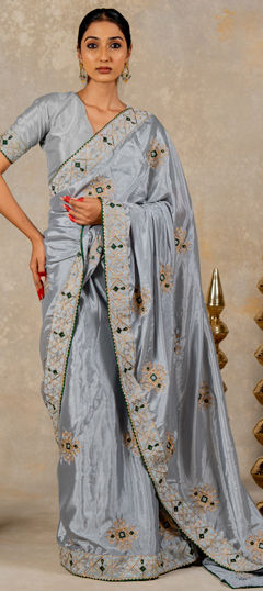 Black and Grey color Saree in Blended, Silk fabric with Embroidered, Stone, Thread work