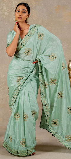 Green color Saree in Blended, Silk fabric with Embroidered, Stone, Thread work