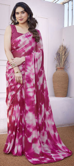 Pink and Majenta color Saree in Georgette fabric with Lace, Printed, Tye n Dye work