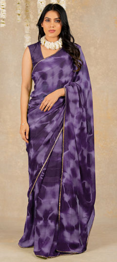 Purple and Violet color Saree in Georgette fabric with Lace, Printed, Tye n Dye work