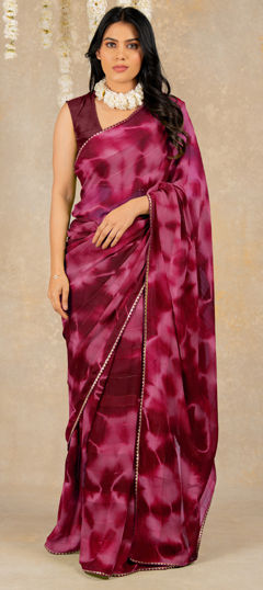 Red and Maroon color Saree in Georgette fabric with Lace, Printed, Tye n Dye work