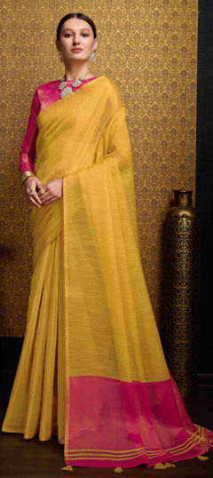 Yellow color Saree in Linen fabric with Thread work