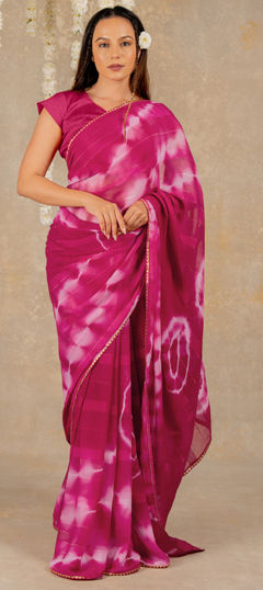 Pink and Majenta color Saree in Georgette fabric with Lace, Printed, Tye n Dye work
