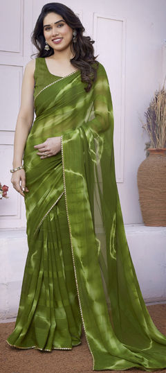 Green color Saree in Georgette fabric with Lace, Printed, Tye n Dye work