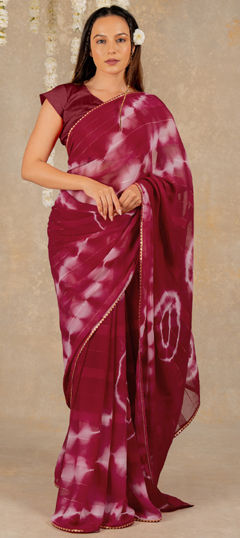Red and Maroon color Saree in Georgette fabric with Lace, Printed, Tye n Dye work