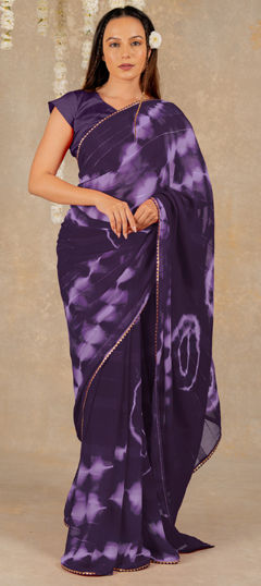 Purple and Violet color Saree in Georgette fabric with Lace, Printed, Tye n Dye work