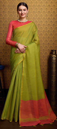 Green color Saree in Linen fabric with Thread work