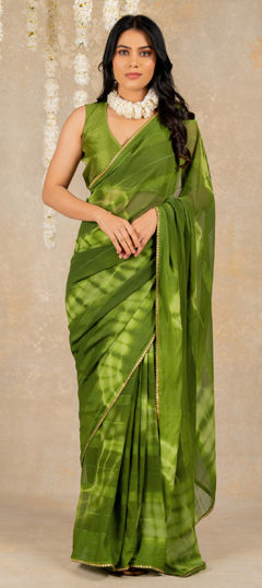 Green color Saree in Georgette fabric with Printed, Tye n Dye work