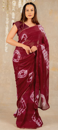 Red and Maroon color Saree in Georgette fabric with Printed, Tye n Dye work