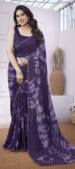 Purple and Violet color Saree in Georgette fabric with Lace, Printed, Tye n Dye work