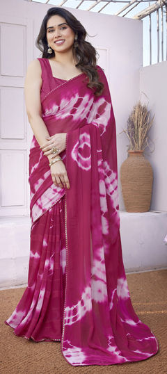 Pink and Majenta color Saree in Georgette fabric with Lace, Printed, Tye n Dye work
