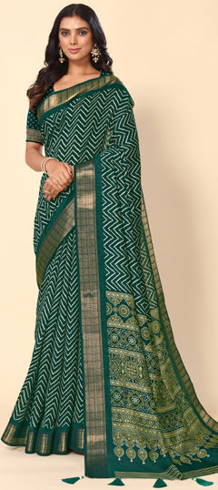 Green color Saree in Cotton fabric with Printed work