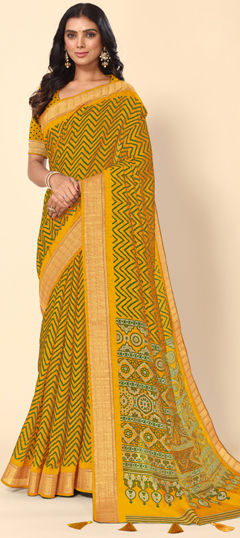 Yellow color Saree in Cotton fabric with Printed work